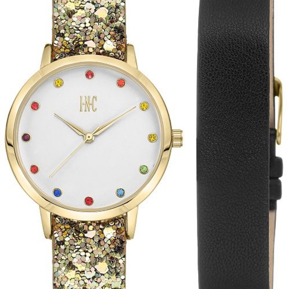 I.N.C. Glitter Faux Leather Two Strap 36mm Watch